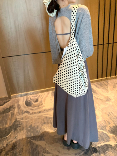 Actual shot of Korean chic’s hand-made backless tea break dress with breast padded suspender skirt + designer sun protection long-sleeved T-shirt