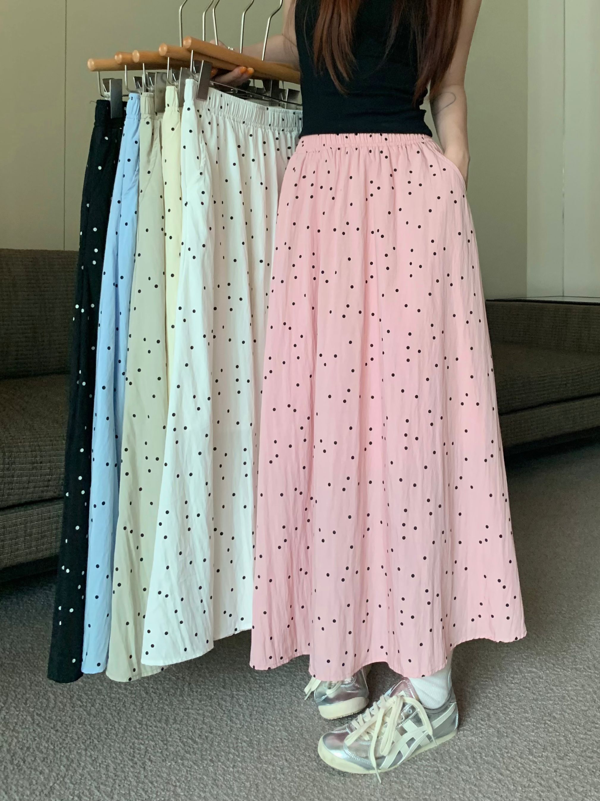 Actual shot 2024~Loose high-waisted versatile polka-dot skirt with large hem A-line elastic waist long skirt 6 colors
