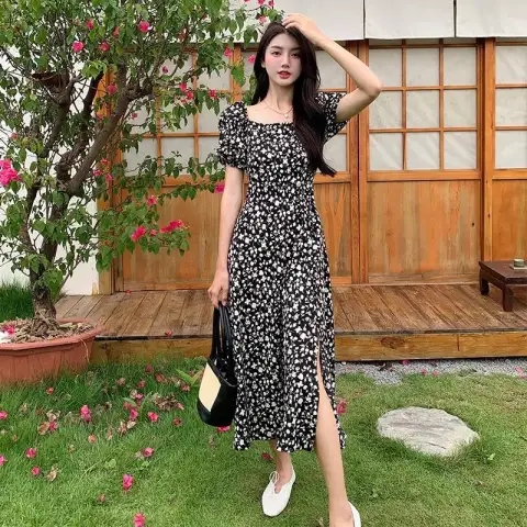 French Floral Dress Summer 2024 New Style Waist Slimming Slit Puff Sleeve Spun Forest Floral Long Dress