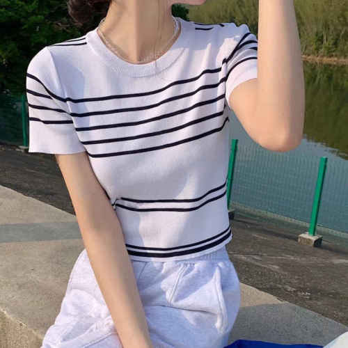 Retro style student versatile short-sleeved round neck contrast striped short ice silk thin knitted T-shirt top for women
