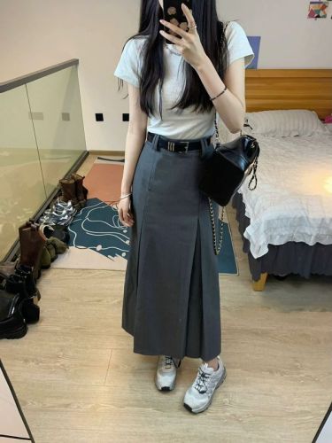 Gray pleated suit skirt women's summer solid color bottoming shirt + high-waisted A-line mid-length large swing umbrella skirt