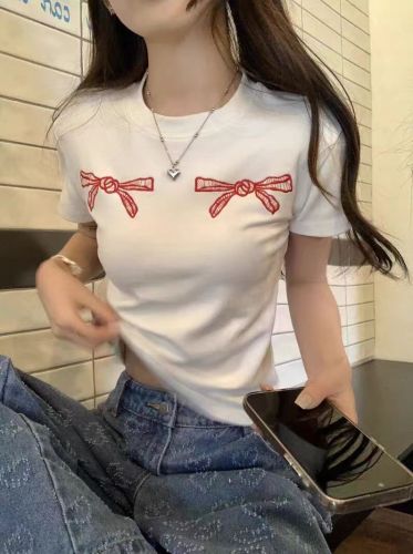 韩系蝴蝶结刺绣短袖T恤女装夏季2024新款小众设计感白色短款上衣