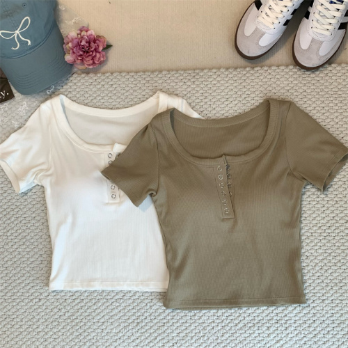 Actual shot~Spring and summer new button short-sleeved T hot girls must-have yoga sports top with chest pad