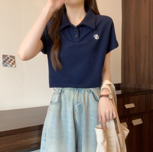 Real shot polyester pique 2024 summer embroidered letters polo collar short-sleeved T-shirt women's tops