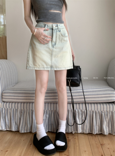 Actual shot ~ Retro pocket V-shaped design denim skirt for women high-waisted A-line versatile short skirt with lining
