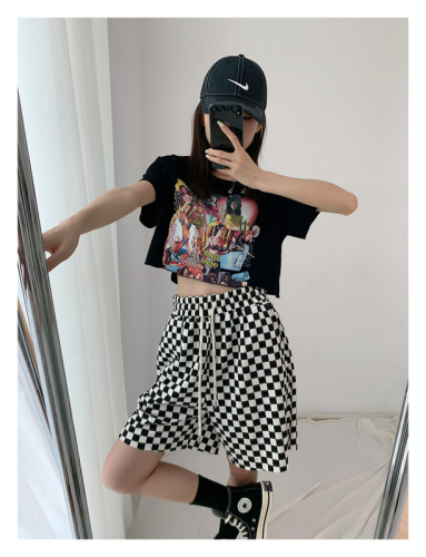 Plus size fat girl black and white plaid three-point sports shorts student casual pants a-line fashion slim pants