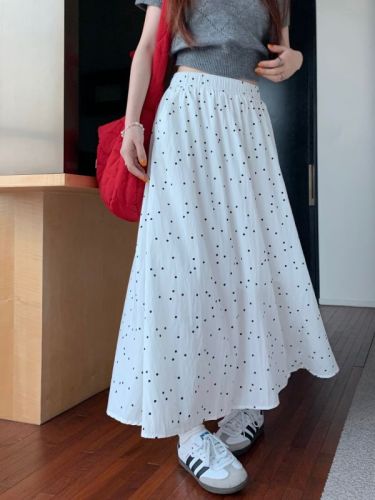 Actual shot 2024~Loose high-waisted versatile polka-dot skirt with large hem A-line elastic waist long skirt 6 colors