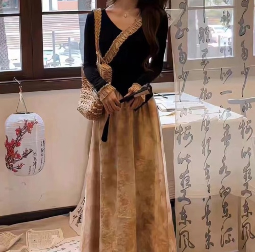 Chinese style design irregular hollow short-sleeved top high waist skirt women's summer two-piece set