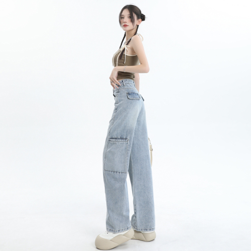 Real shot of jeans for women 2024 spring and summer new style light blue large pockets high waist loose wide leg trousers