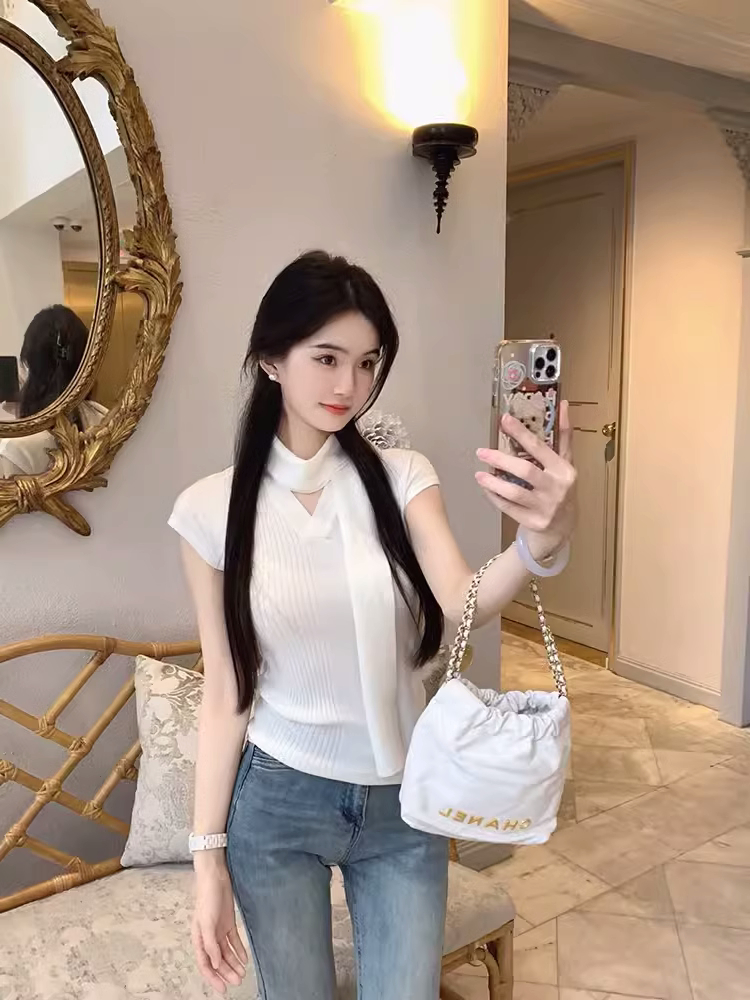 famouswang2024春季新款氣質組韓系女主羊毛飄帶針織短袖上衣打底