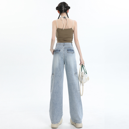 Real shot of jeans for women 2024 spring and summer new style light blue large pockets high waist loose wide leg trousers