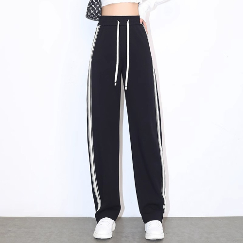 Side striped wide-leg pants for women 2024 spring high-waisted black narrow straight-leg casual sports pants