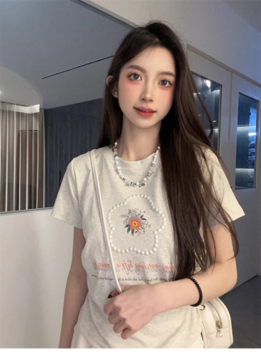 Official picture 40 count cotton rib 92 cotton 8 spandex foam flower right shoulder short sleeve T-shirt women's summer top