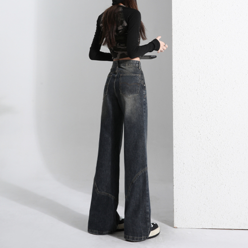 Actual shot of high-waist micro-flared jeans for women, new 2024 spring and summer American straight slimming and drapey floor-length pants