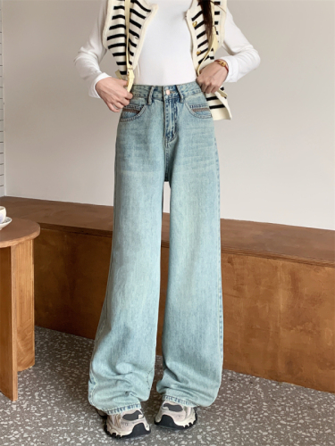 Actual shot~New summer retro washed high-waisted light-colored wide-leg jeans