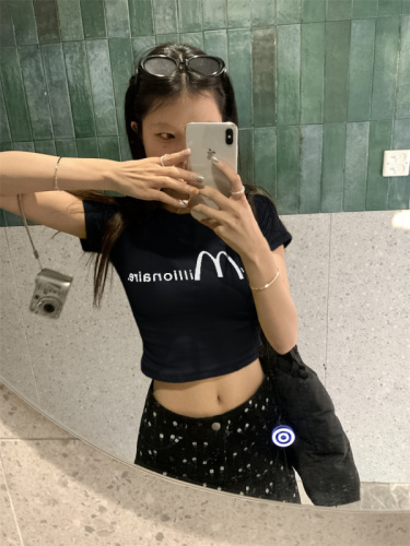 Actual shot of Pure Desire letter printed short-sleeved T-shirt for women in summer, short, slim and versatile bottoming shirt top + skirt