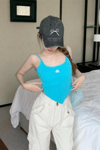 Real shot of red sleeveless knitted camisole pure lust hot girl irregular slim short top