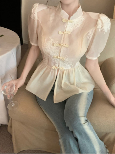 Real shot of retro national trend style ruffled disc button stand collar lace bottoming shirt for women summer style stand collar short-sleeved slim top