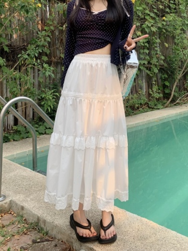 Real shot~Romantic and gentle style cake skirt with high waist fungus splicing mid-length fairy skirt