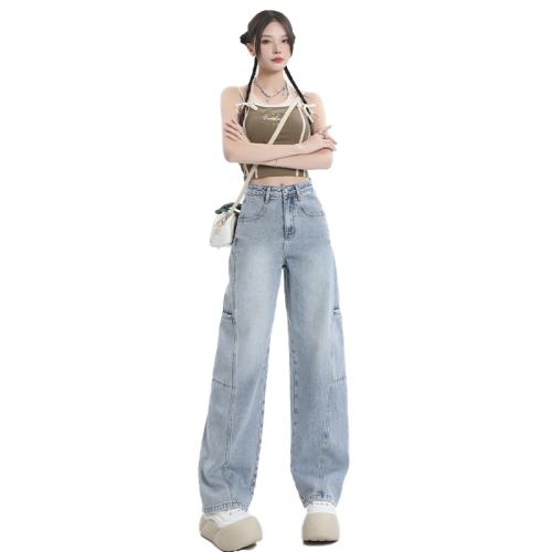 Real shot of jeans for women 2024 spring and summer new style light blue large pockets high waist loose wide leg trousers