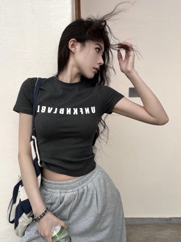 Actual shot Korean style simple basic elastic right shoulder slim letter printed versatile short-sleeved T-shirt