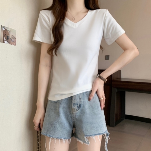 Real shot 40 count pure cotton 2024 summer V-neck short-sleeved t-shirt women's summer solid color Korean top