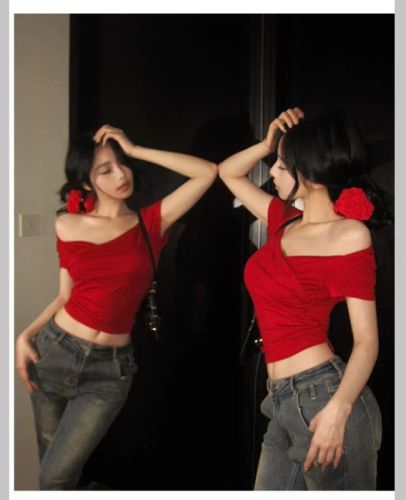 V-neck cross hot girl short-sleeved T-shirt women's spring waist tight temperament red short niche American sexy top