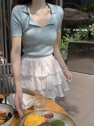 宋小恩polo领粉色针织短袖t恤女夏装修身显瘦设计感小众短款上衣