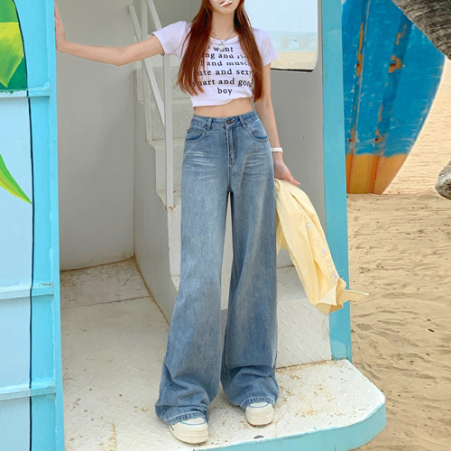 Real shot of retro high-waisted loose wide-leg pants spring and summer new style drape straight pants floor-length jeans for women