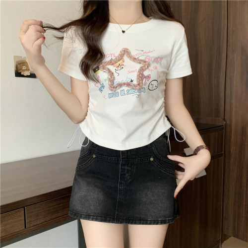 Real shot of imitation cotton 40 count 1*1 summer new sweet hottie drawstring design round neck short-sleeved T-shirt for women