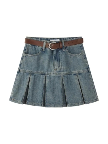 Short pleated skirt for women 2024 spring new preppy style small high waist a line short denim skirt