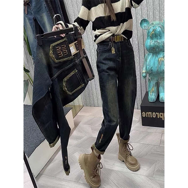 Spring new retro blue harem jeans for women plus size fat mm pear-shaped figure high waist nine-point carrot daddy pants