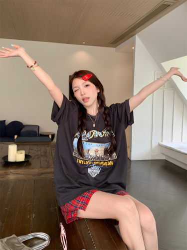 Real shot of American retro Korean chic summer handmade printed T-shirt