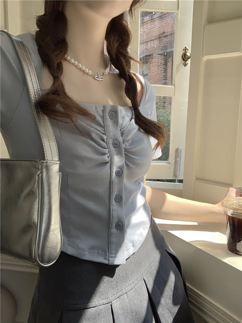 Actual shot of new summer slimming single-breasted solid color short-sleeved T-shirt tops