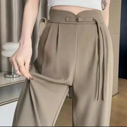Suit trousers, spring and summer style, high-waisted, loose, slimming and drapey, buckle design, high-end wide-leg trousers