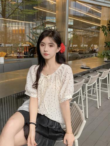 Actual shot ~ 2024 new summer Korean style slim drawstring lazy polka dot cool breathable short-sleeved shirt
