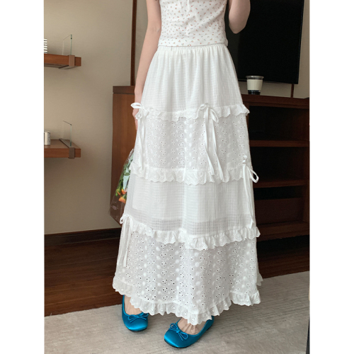 Real shot of white lace crochet cake skirt summer high-waisted A-line bow tie skirt mid-length skirt