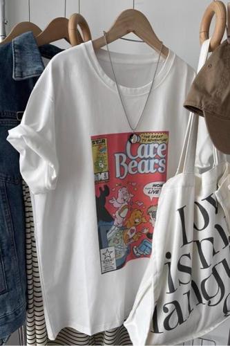 4960# Official Picture Dongdaemun New Cartoon Print Loose Large Size Pure Cotton Short Sleeve T-Shirt for Women Summer