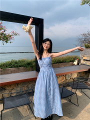 實拍 新款 赫本風格子褶皺氣質長裙法式吊帶連衣裙