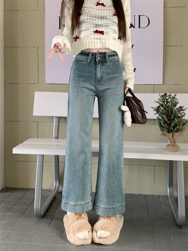 Actual shot ~ New style straight retro nine-point bootcut jeans for women, light-colored high-waisted stretch cigarette pants