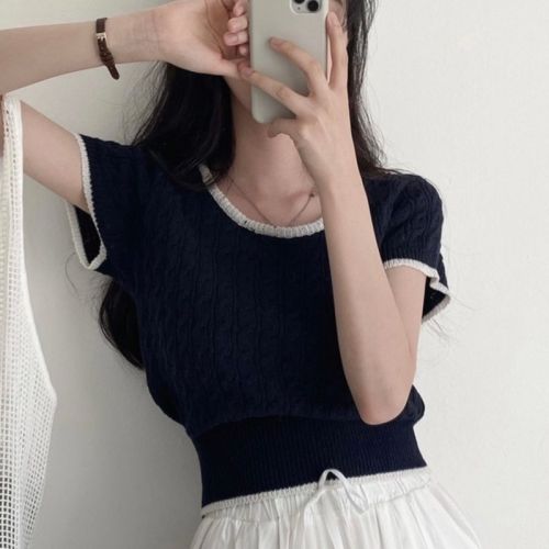 Real shot protection fat mm Korean version summer ice silk thin sweater round neck color block retro twist top for women