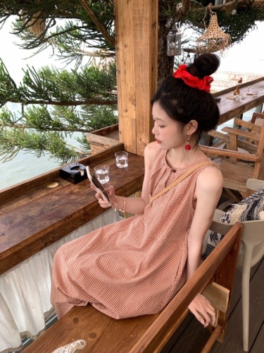 Actual shot~Korean summer sweet little red plaid whitening and versatile straight dress~