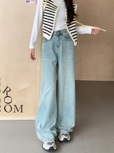 Actual shot~New summer retro washed high-waisted light-colored wide-leg jeans