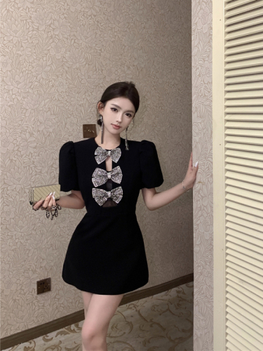 Real shot of retro sexy bow dress for women with puff sleeves, hollow waist, slimming and hip-hugging little black dress