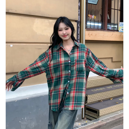 Real shot Korean style shirt Japanese style retro plaid shirt women chic Hong Kong style long sleeve top