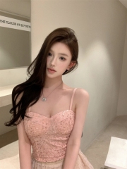 實拍 純欲辣妹高級感燙鑽抹胸上衣亮片釘珠外穿吊帶女