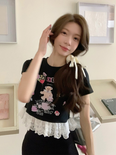 Real shot of summer Korean chic hand-printed splicing lace short T-shirt