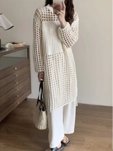Beige French style hollow knitted dress mid-length layered air-conditioning blouse holiday skirt