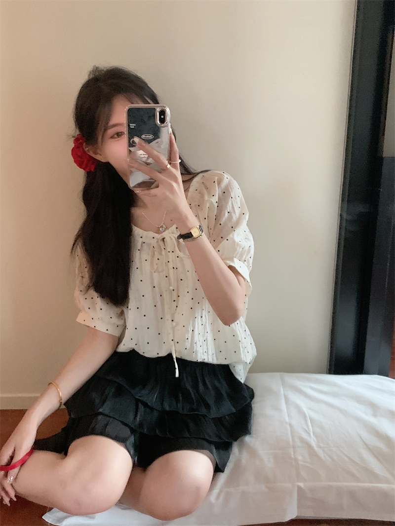 Actual shot ~ 2024 new summer Korean style slim drawstring lazy polka dot cool breathable short-sleeved shirt
