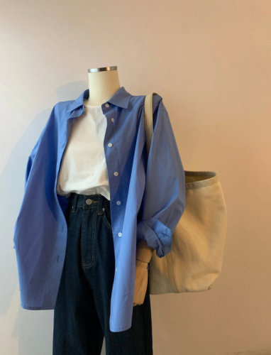法式蓝色polo衬衫女春秋秋季衬衣设计感小众外搭长袖上衣外套